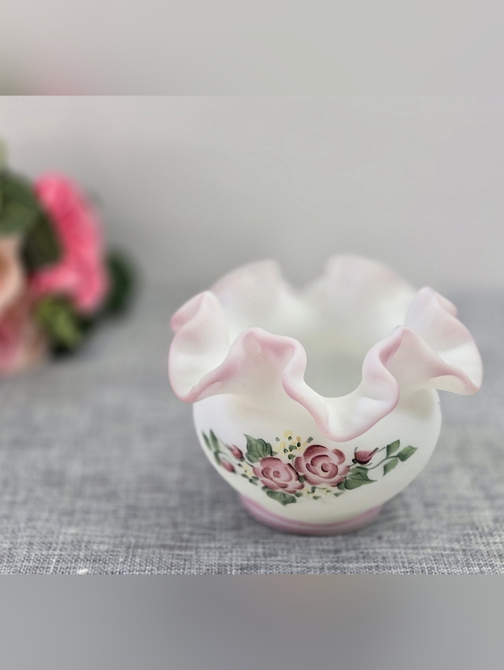 Fenton Opal Satin Rose Bowl Vase “Rose Garden” Hand Painted and‎ Signed Ruffles